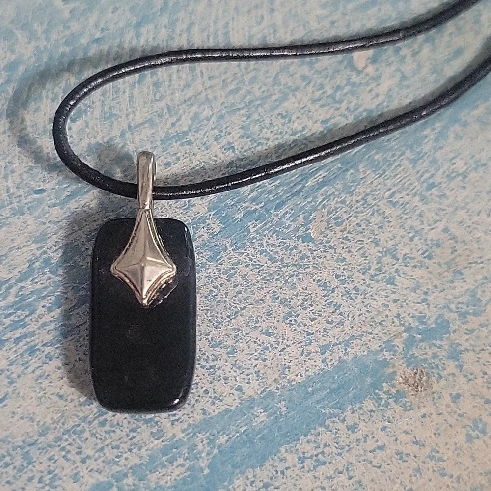 Vibrant Blue and Black glass Pendant Necklace silver tohe loop leather chain